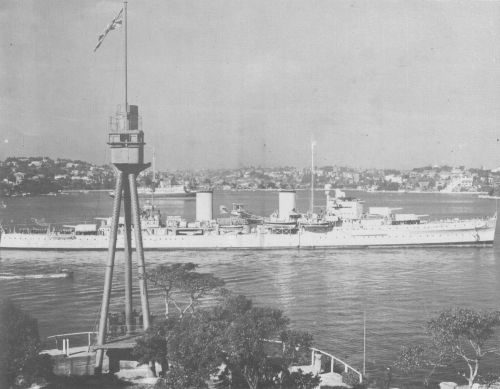 HMAS Sydney II with foremast of HMAS Sydney I in foreground