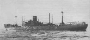 HSK Kormoran camouflaged as the U.S.S.R. freighter "Viacheslav Molotof" in the mid-Atlantic.