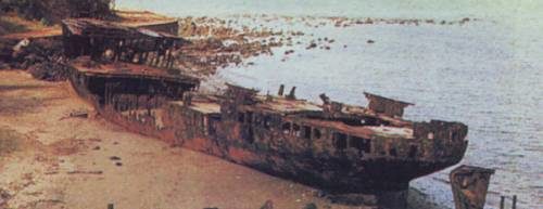 GAYUNDAH's hulk beached at Woody Point, Redcliffe on Moreton Bay and still visible today (1996)