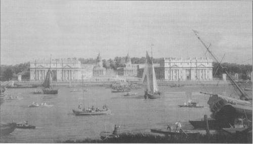 Canaletto's view of the Hospital, from the Isle of Dogs, about 1752.