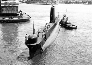 HMAS Ovens leaving Cockatoo Dockyard on 28 August 1975 on the completion of her first refit