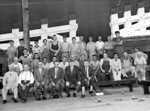 The shipwright launching crew for HMAS Vampire, 1956